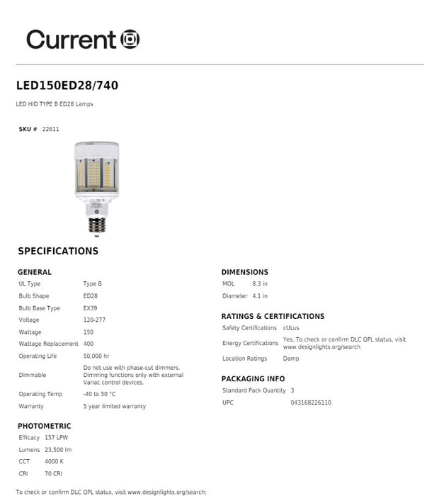 GE LED150ED28/740 # 22611 150 Watt LED Corn Light
