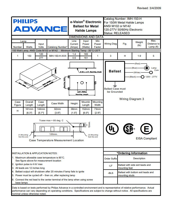 Advance IMH150HLFM 150 Watt Metal Halide Ballast