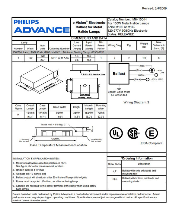 Advance IMH150HBLSM 150 Watt Metal Halide Ballast