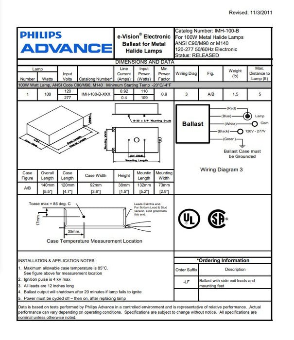 Advance IMH100DBLSM 100 Watt Electronic Metal Halide Ballast