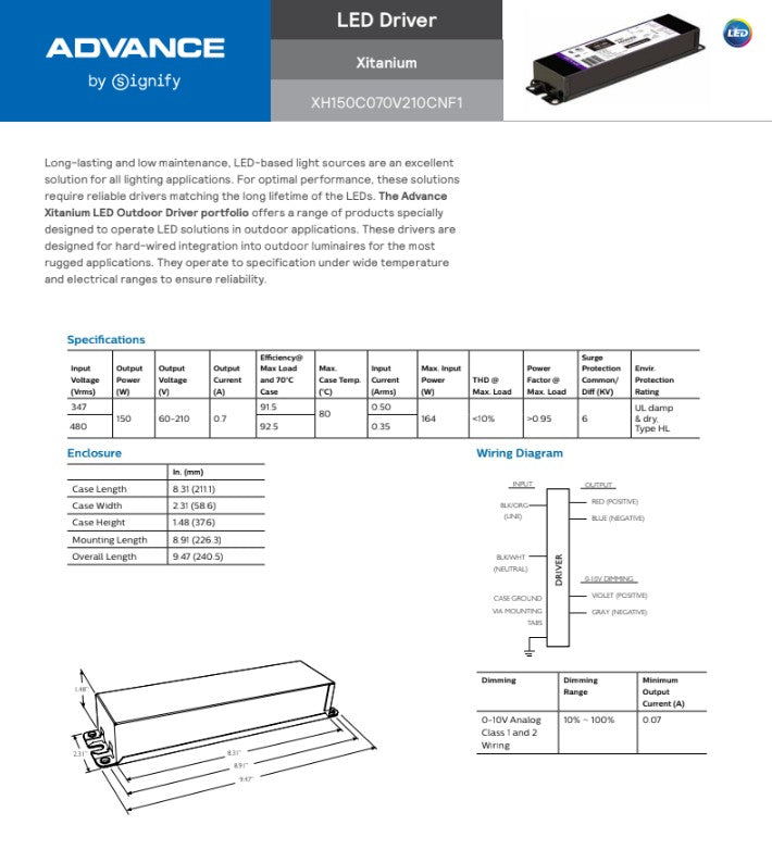 Advance Xitanium XH150C070V210CNF1 150W 700mA Constant Current LED Driver