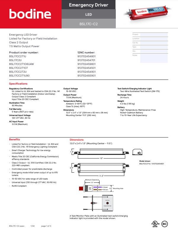 Bodine BSL17C2U Emergency LED Driver