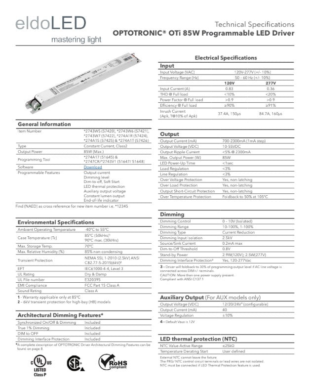 OTi85/120-277/2A3 DIM L OPTOTRONIC  #57422 Programmable LED Driver