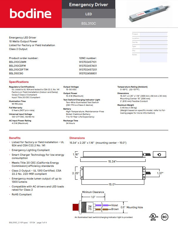 Bodine BSL310CDF Emergency Driver