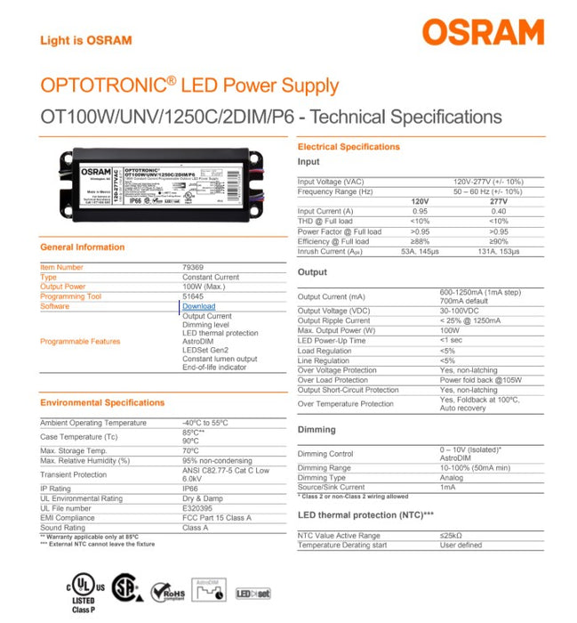 OT100W/UNV/1250C/2DIM/P6 OPTOTRONIC 79369 2743YL Programmable LED Driver