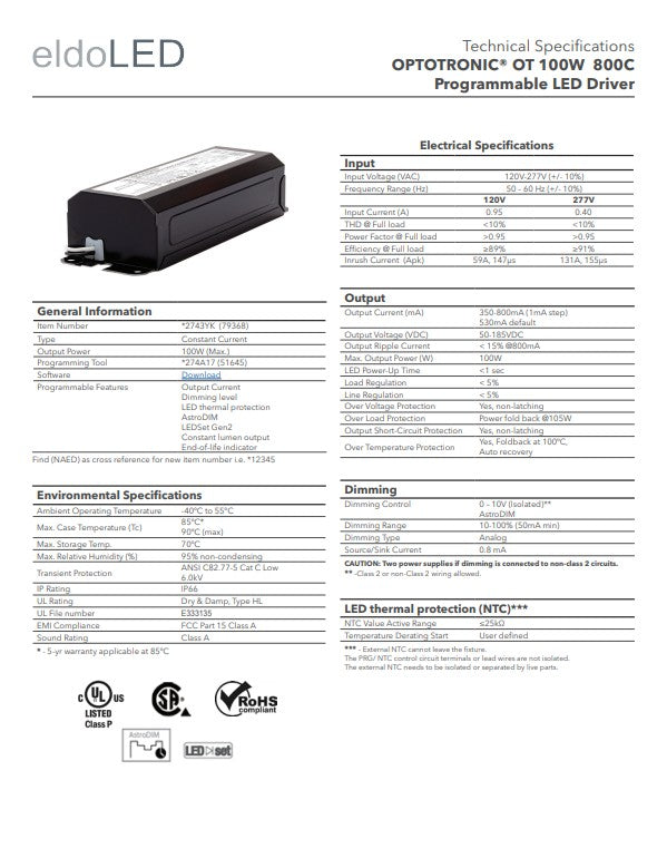 OT100W/UNV/800C/2DIM/P6 OPTOTRONIC 79368/*2743YK Programmable LED Driver