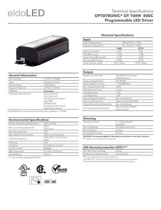 OT100W/UNV/800C/2DIM/P6 OPTOTRONIC 79368/*2743YK Programmable LED Driver