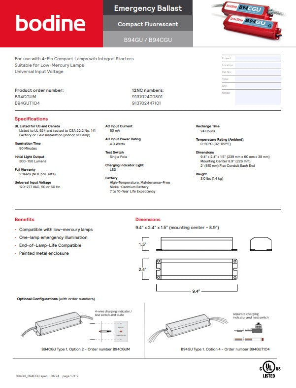 Bodine B94CGU Emergency Ballast With Conduit