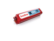 A red Bodine B100 emergency ballast with the brand name and model number visible on the label, along with a 'UL' certification mark.