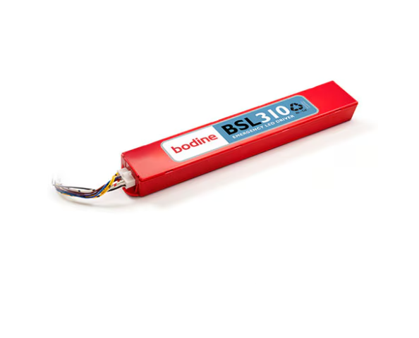 A red Bodine BSL3102WM LED Emergency Driver with certification marks indicating UL, BC, and RoHS compliance.