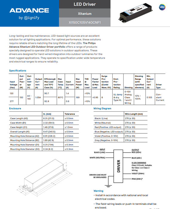 Advance XI150C105V140CNF1 150 Watt LED Driver