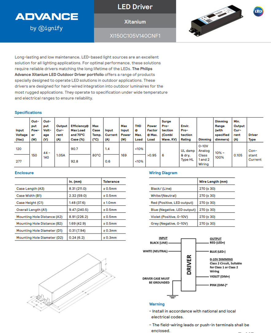Advance XI150C105V140CNF1 150 Watt LED Driver — LEDandDriver