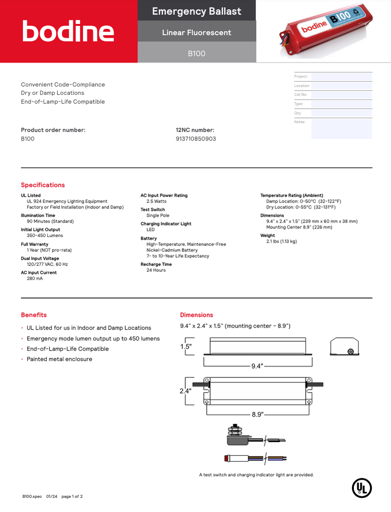 Bodine B100 Emergency Ballast