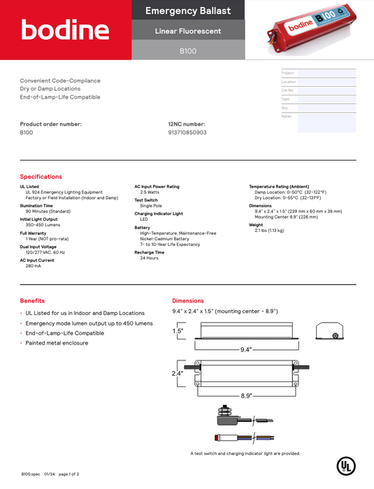 Bodine B100 Emergency Ballast