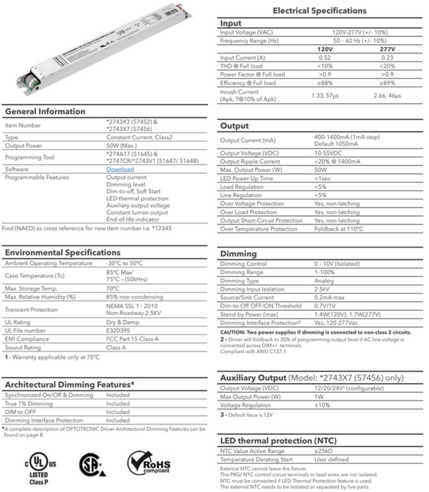 OTi50/120-277/1A4 DIM-1 L G2 OPTOTRONIC (57452/*2743X3) Programmable LED Driver - 50W Dimmable