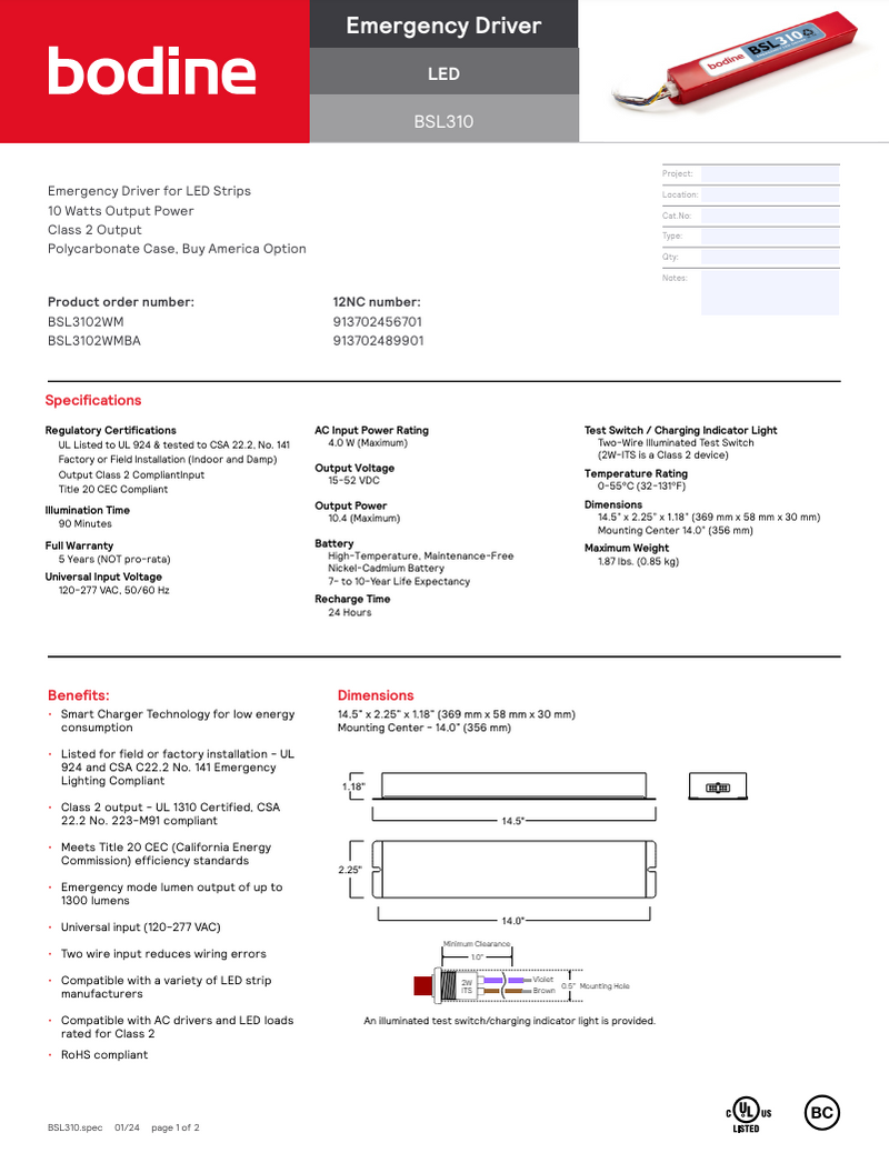 Bodine BSL3102WM LED Emergency Driver