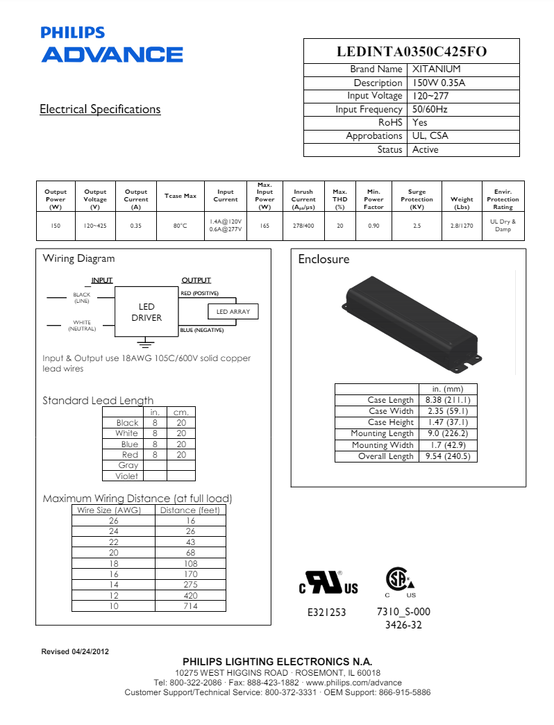 Advance LEDINTA0350C425FO 150 Watt LED Driver