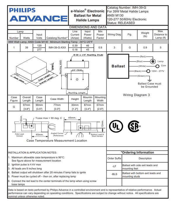 Advance IMH39GLFM 39 Watt Electronic Metal Halide Ballast