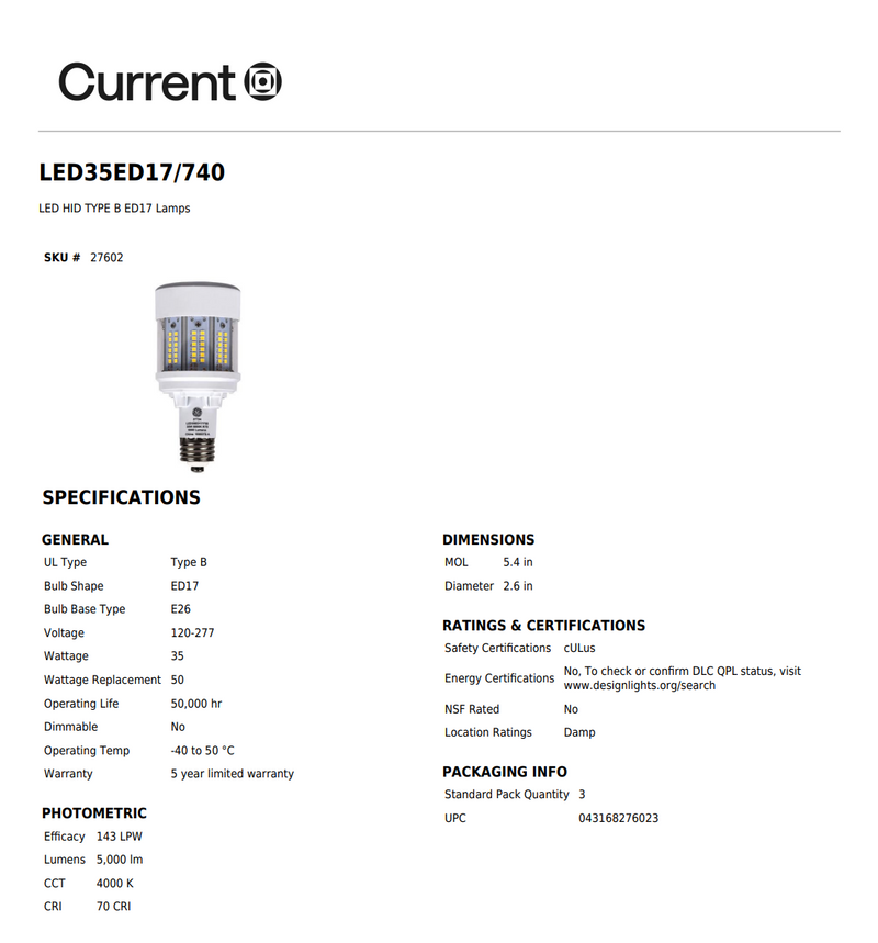 GE LED35ED17/740 # 27602 LED Corn Lamp