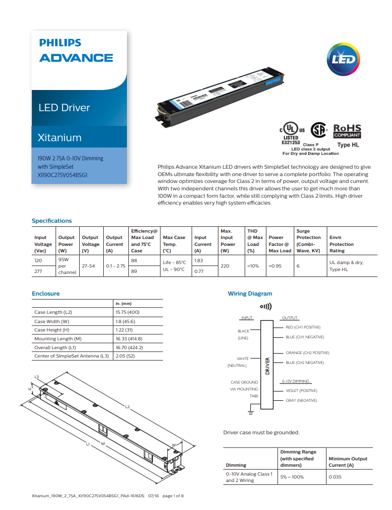 Advance XI190C275V054BSG2 190 Watt LED Driver.