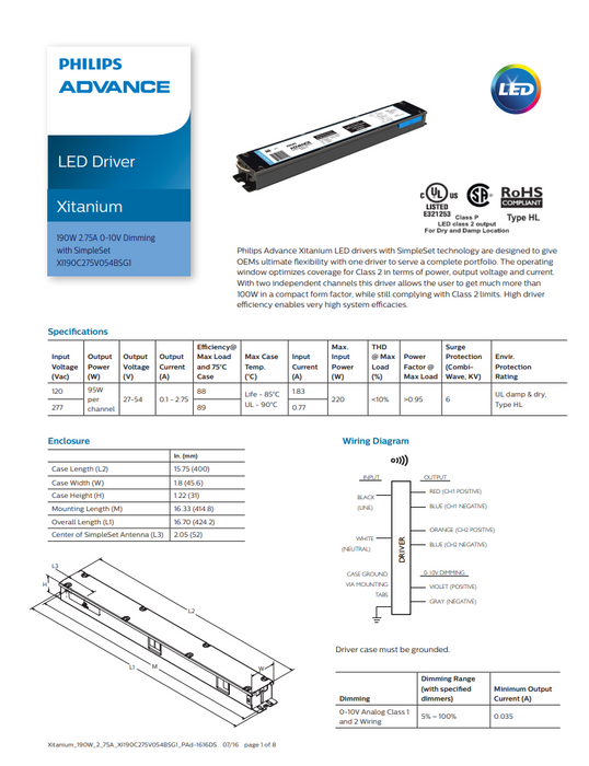 Advance XI190C275V054BSG2 190 Watt LED Driver.