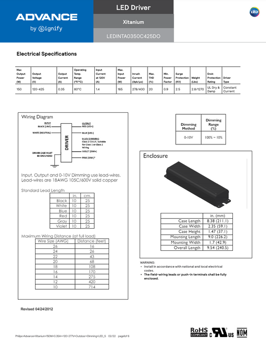 Advance LEDINTA0350C425DO 10-Pack 150 Watt LED Driver