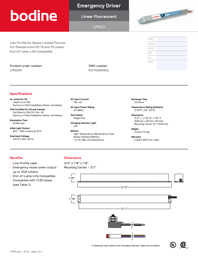 Bodine LP600M Low-Profile Emergency Lighting Equipment