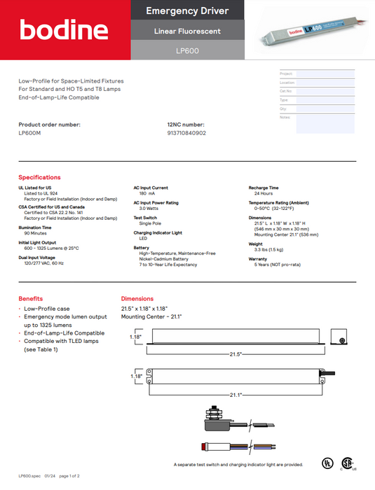 Bodine LP600M Low-Profile Emergency Lighting Equipment