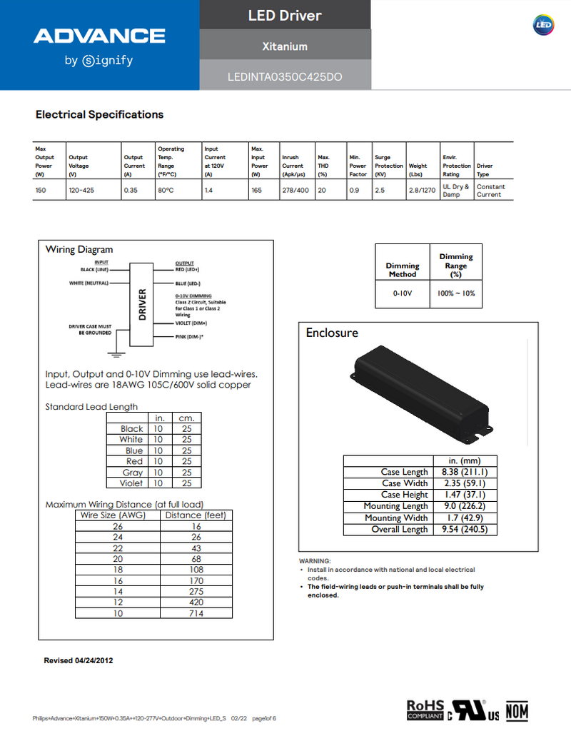 Advance LEDINTA0350C425DO 150 Watt Led Driver