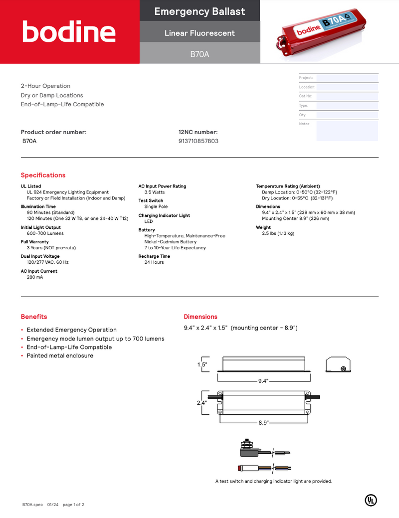 Bodine B70A Fluorescent Emergency Ballast